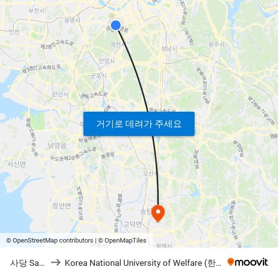 사당 Sadang to Korea National University of Welfare (한국복지대학교) map