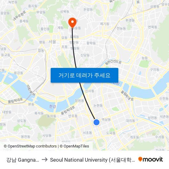 강남 Gangnam to Seoul National University (서울대학교) map