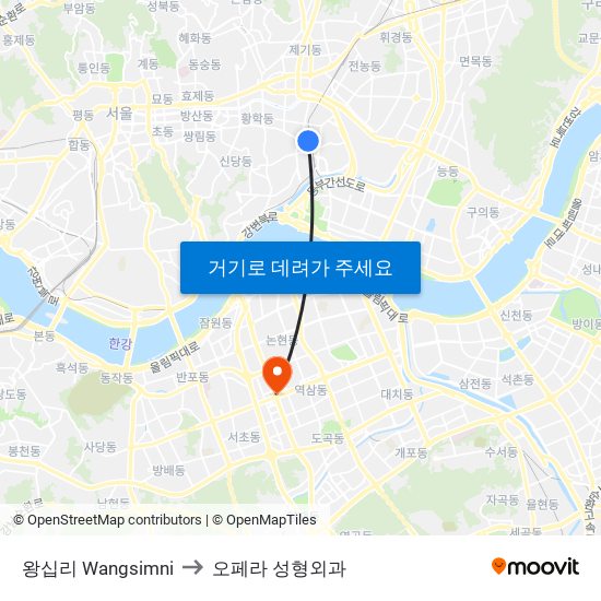 왕십리 Wangsimni to 오페라 성형외과 map