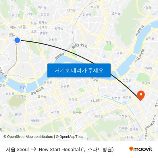 서울 Seoul to New Start Hospital (뉴스타트병원) map