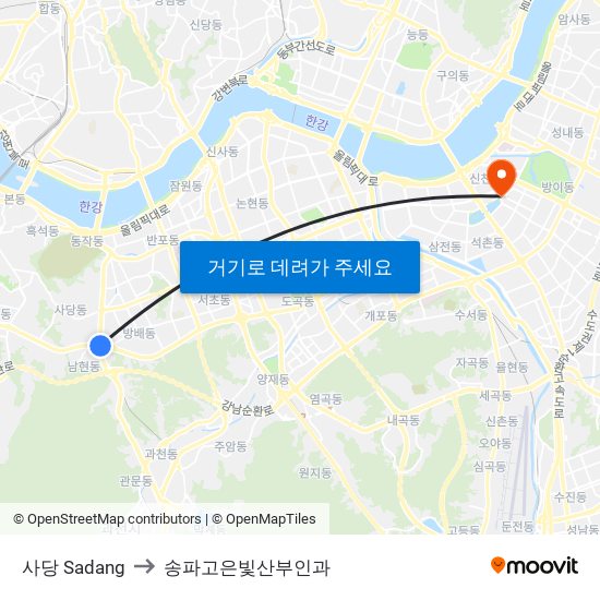 사당 Sadang to 송파고은빛산부인과 map