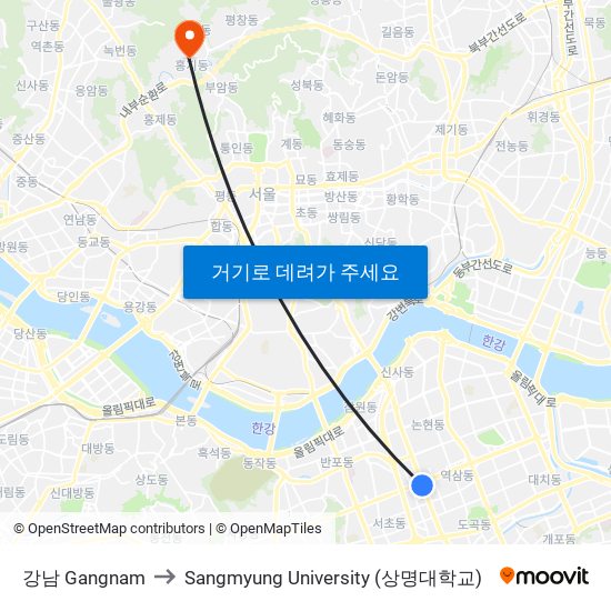 강남 Gangnam to Sangmyung University (상명대학교) map