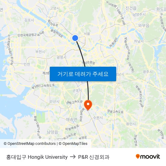 홍대입구 Hongik University to P&R 신경외과 map