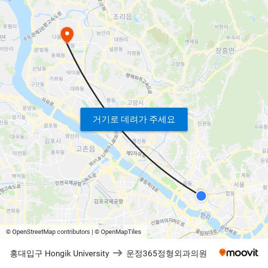 홍대입구 Hongik University to 운정365정형외과의원 map