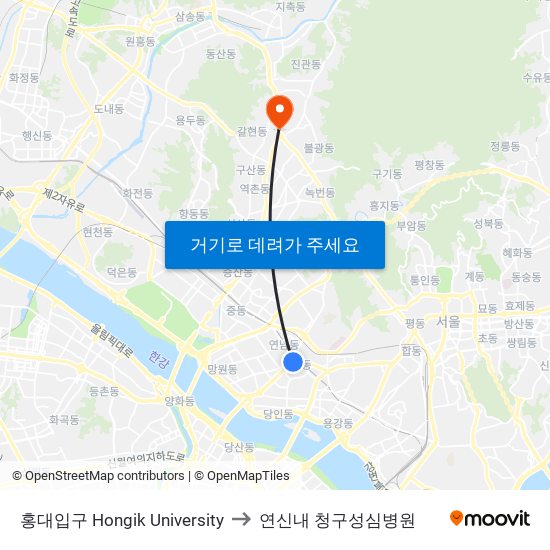 홍대입구 Hongik University to 연신내 청구성심병원 map