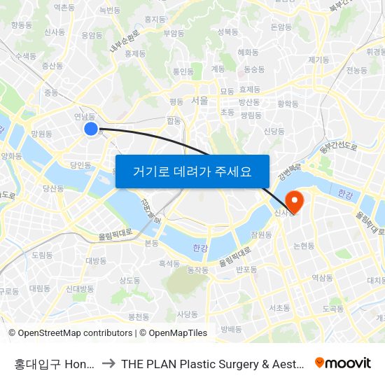 홍대입구 Hongik University to THE PLAN Plastic Surgery & Aesthetics (더플랜성형외과의원) map