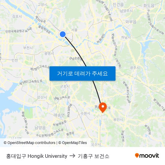 홍대입구 Hongik University to 기흥구 보건소 map