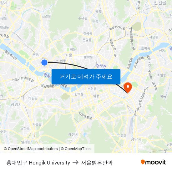 홍대입구 Hongik University to 서울밝은안과 map