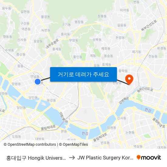 홍대입구 Hongik University to JW Plastic Surgery Korea map
