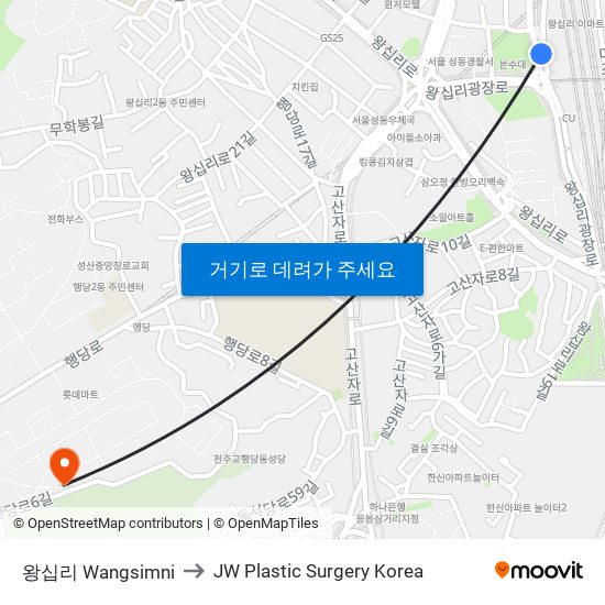 왕십리 Wangsimni to JW Plastic Surgery Korea map