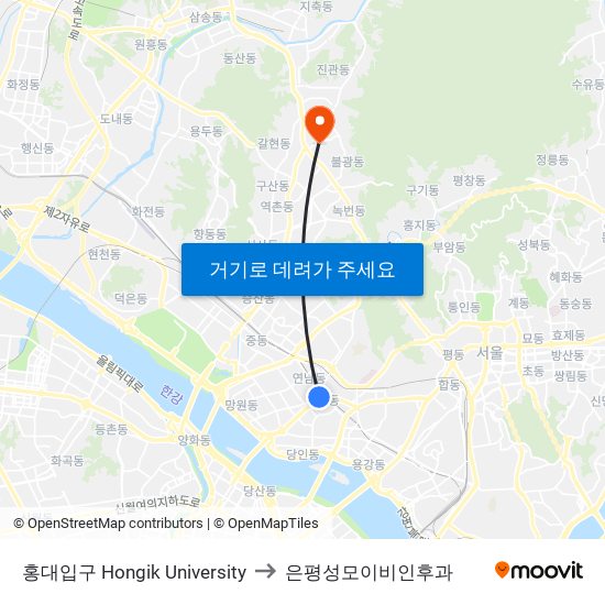 홍대입구 Hongik University to 은평성모이비인후과 map