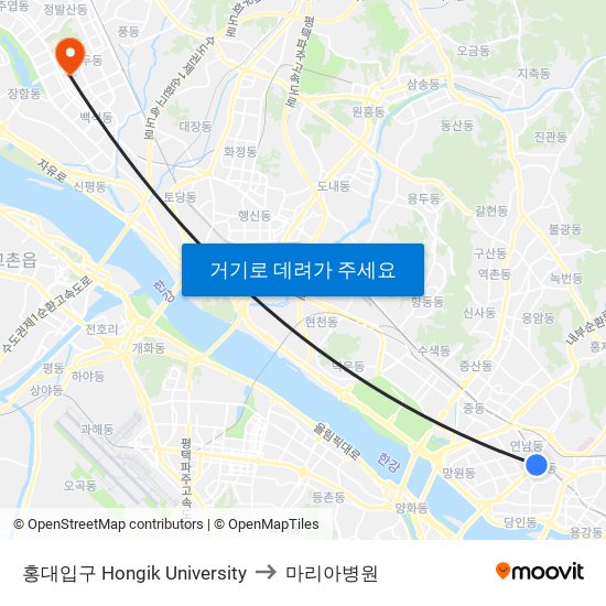 홍대입구 Hongik University to 마리아병원 map