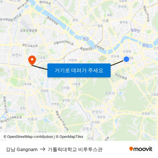 강남 Gangnam to 가톨릭대학교 비루투스관 map