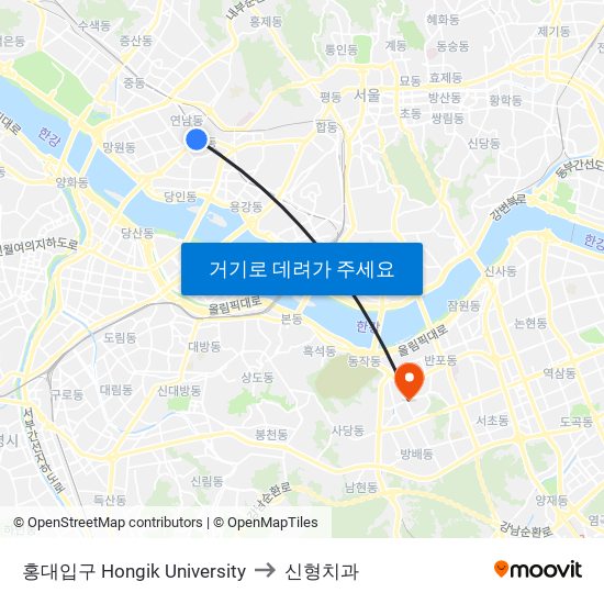 홍대입구 Hongik University to 신형치과 map