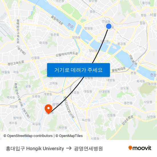 홍대입구 Hongik University to 광명연세병원 map