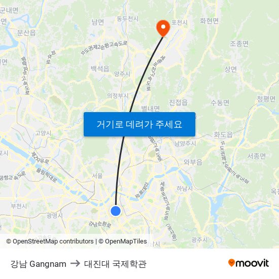 강남 Gangnam to 대진대 국제학관 map