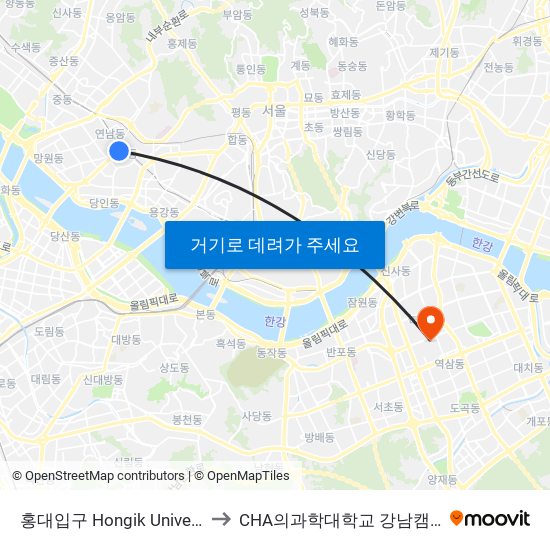 홍대입구 Hongik University to CHA의과학대학교 강남캠퍼스 map