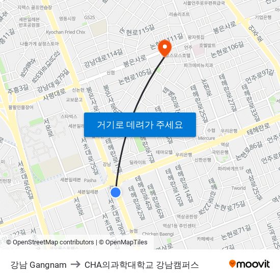강남 Gangnam to CHA의과학대학교 강남캠퍼스 map