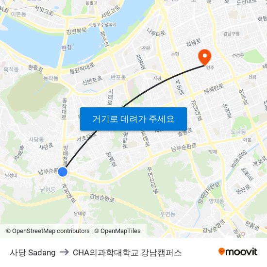 사당 Sadang to CHA의과학대학교 강남캠퍼스 map