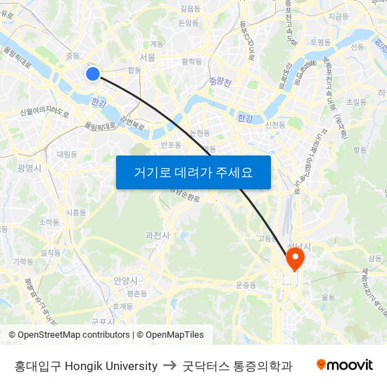 홍대입구 Hongik University to 굿닥터스 통증의학과 map