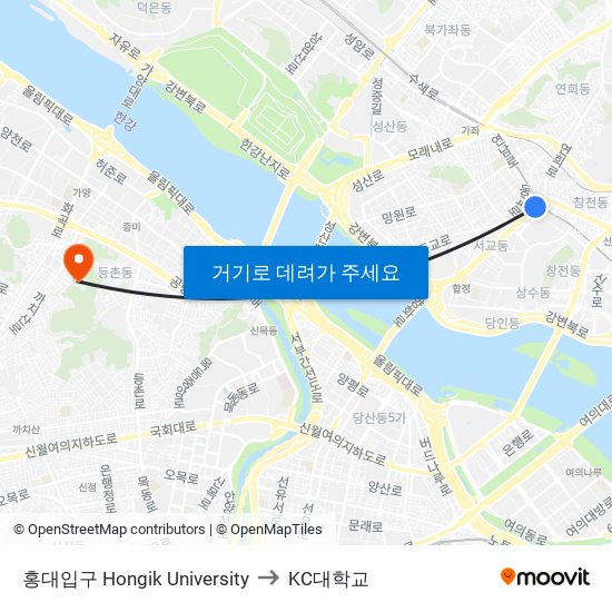 홍대입구 Hongik University to KC대학교 map