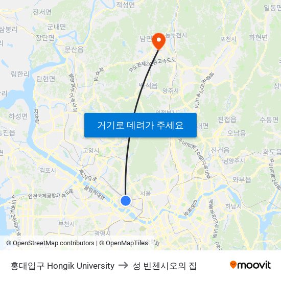 홍대입구 Hongik University to 성 빈첸시오의 집 map