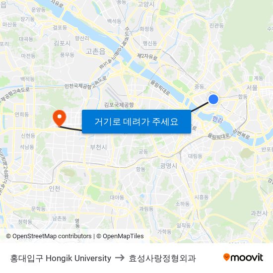 홍대입구 Hongik University to 효성사랑정형외과 map