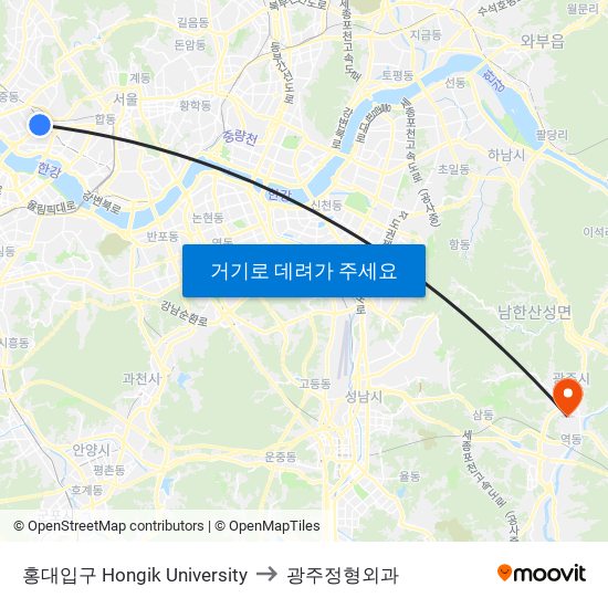 홍대입구 Hongik University to 광주정형외과 map