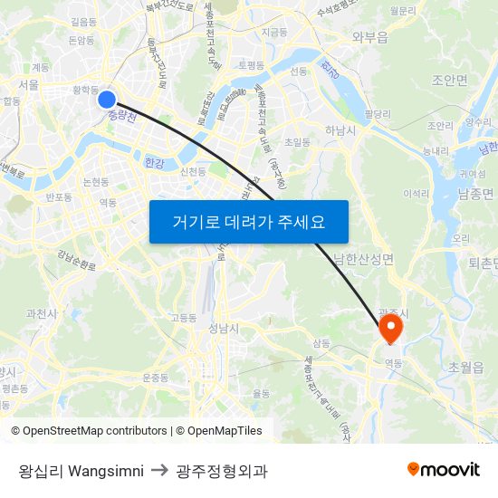 왕십리 Wangsimni to 광주정형외과 map