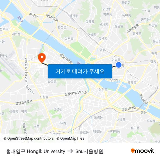 홍대입구 Hongik University to Snu서울병원 map