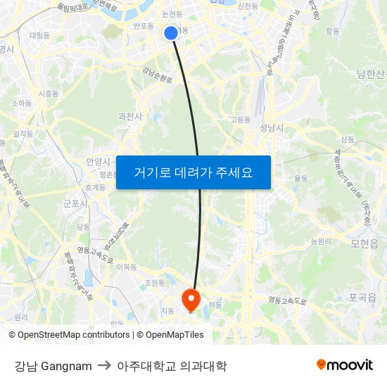 강남 Gangnam to 아주대학교 의과대학 map