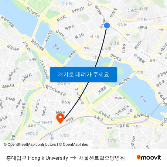 홍대입구 Hongik University to 서울센트럴요양병원 map