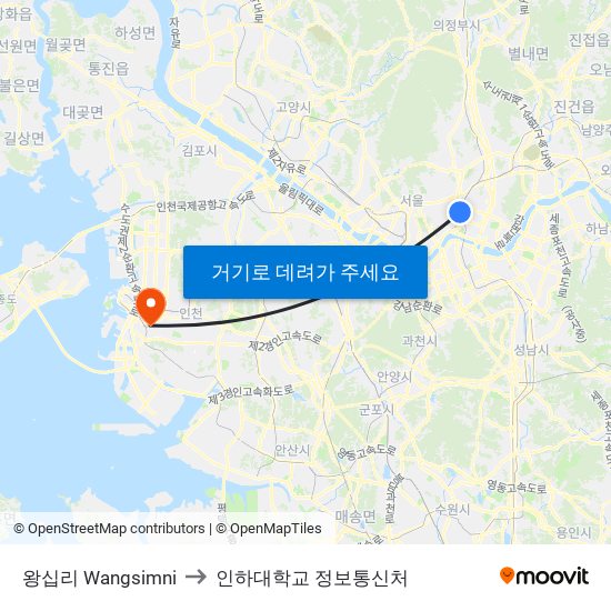 왕십리 Wangsimni to 인하대학교 정보통신처 map