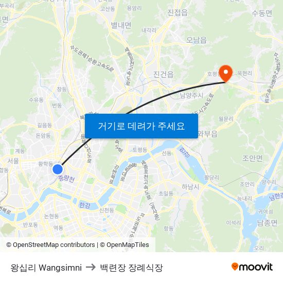 왕십리 Wangsimni to 백련장 장례식장 map