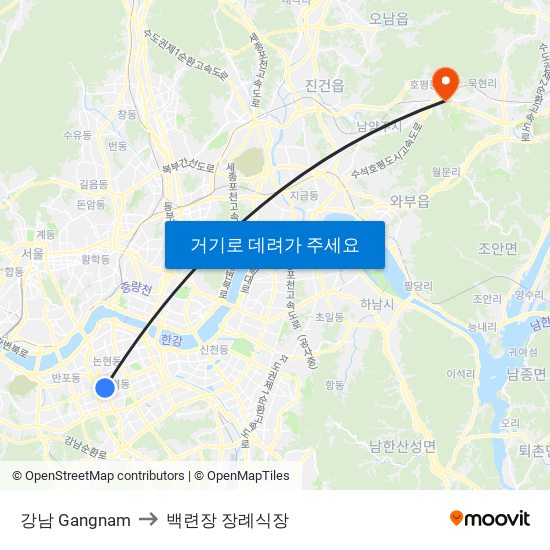 강남 Gangnam to 백련장 장례식장 map