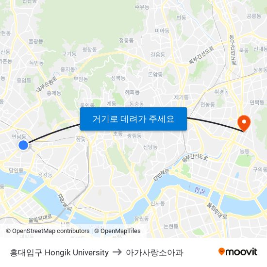 홍대입구 Hongik University to 아가사랑소아과 map