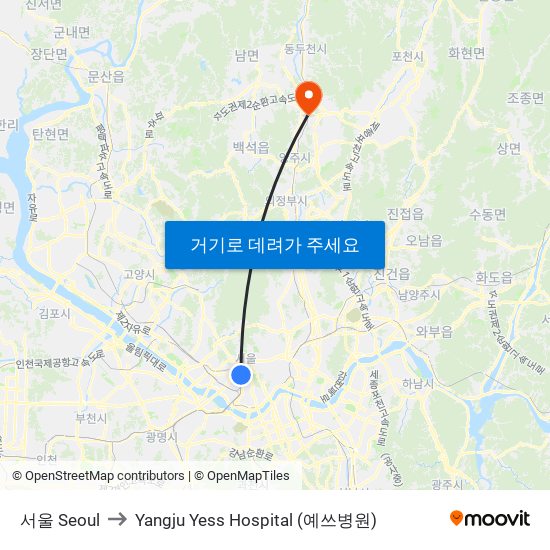 서울 Seoul to Yangju Yess Hospital (예쓰병원) map