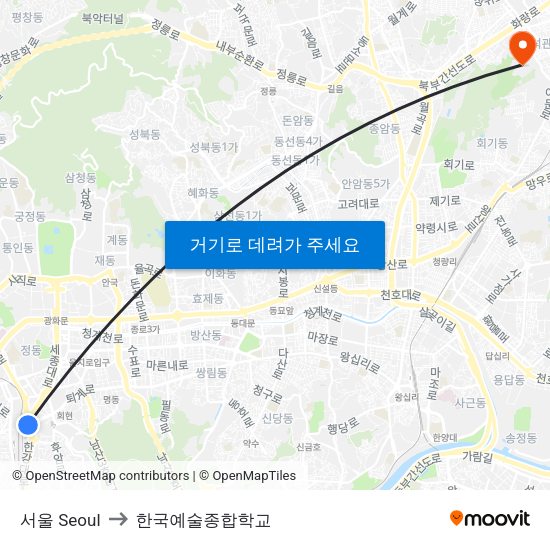 서울 Seoul to 한국예술종합학교 map