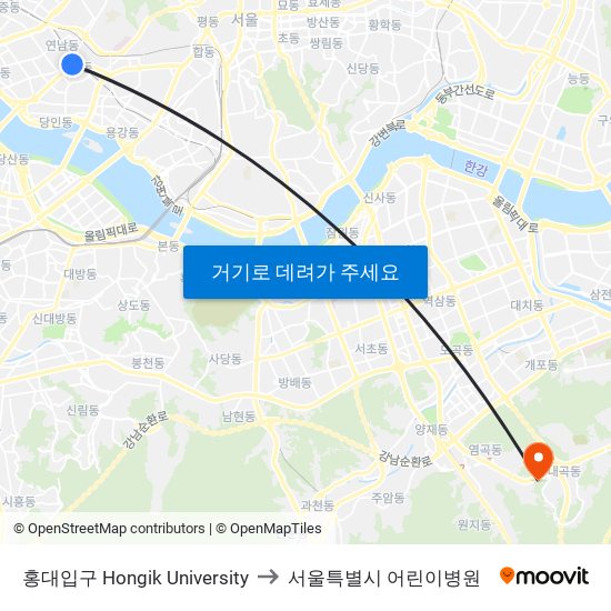 홍대입구 Hongik University to 서울특별시 어린이병원 map