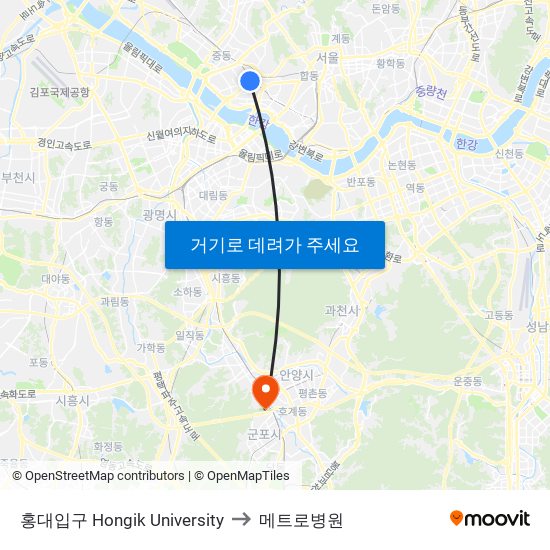 홍대입구 Hongik University to 메트로병원 map