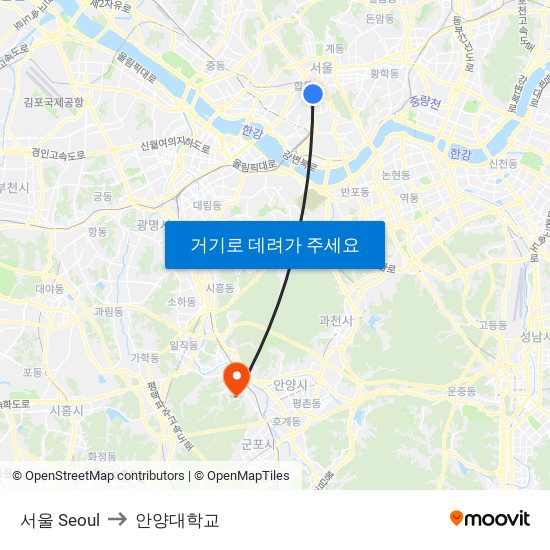 서울 Seoul to 안양대학교 map