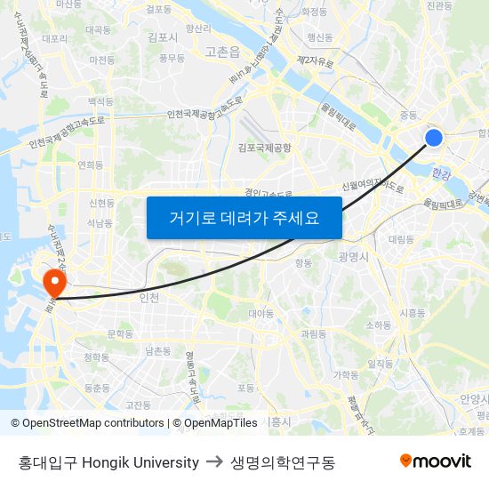 홍대입구 Hongik University to 생명의학연구동 map