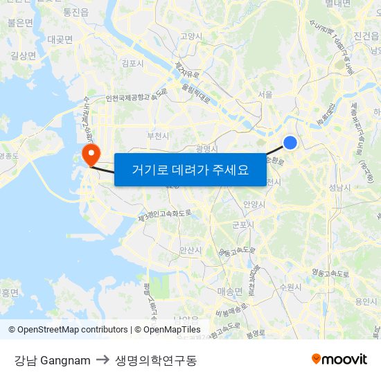 강남 Gangnam to 생명의학연구동 map