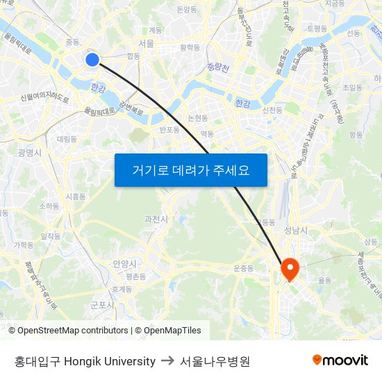 홍대입구 Hongik University to 서울나우병원 map