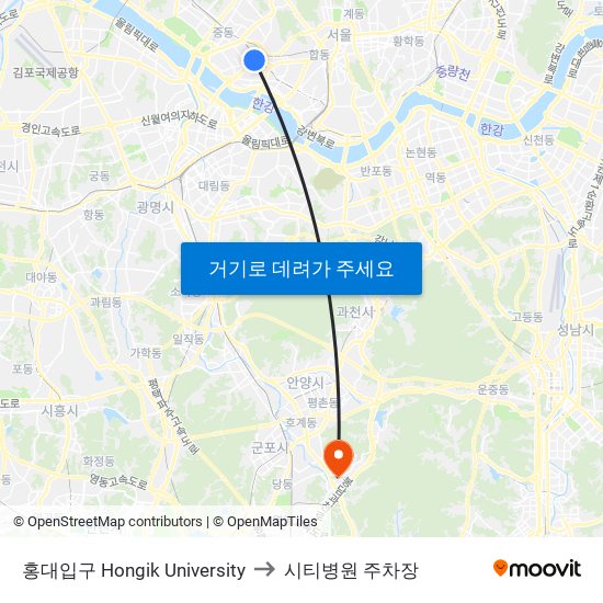 홍대입구 Hongik University to 시티병원 주차장 map