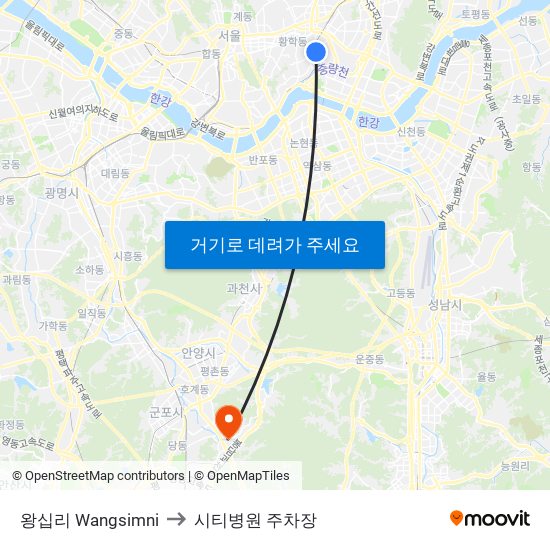 왕십리 Wangsimni to 시티병원 주차장 map