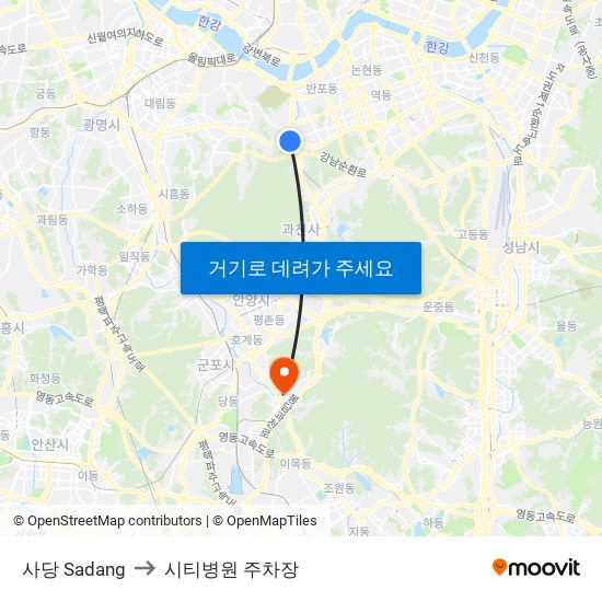 사당 Sadang to 시티병원 주차장 map