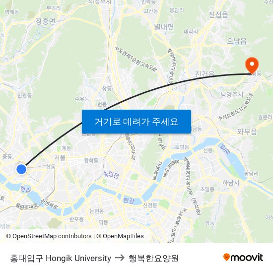 홍대입구 Hongik University to 행복한요양원 map