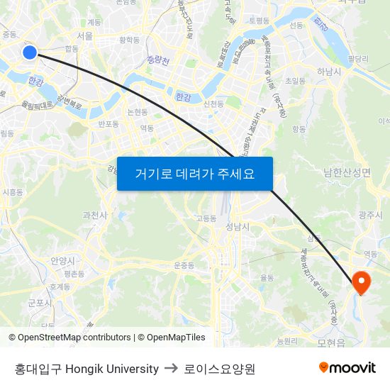 홍대입구 Hongik University to 로이스요양원 map