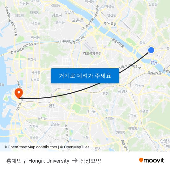 홍대입구 Hongik University to 삼성요양 map